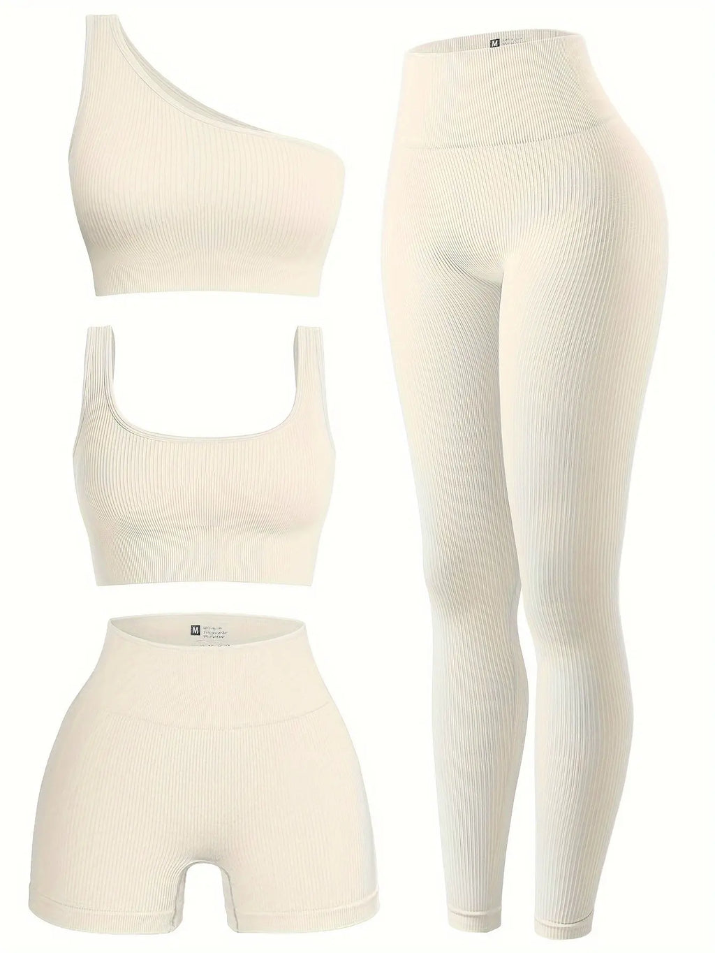 OQQ Women's 4pcs Ribbed Exercise Scoop Neck Sports One Shoulder High Waist Legging Active Set Bra Shorts Outfit, Beige, Large Nova Trendz