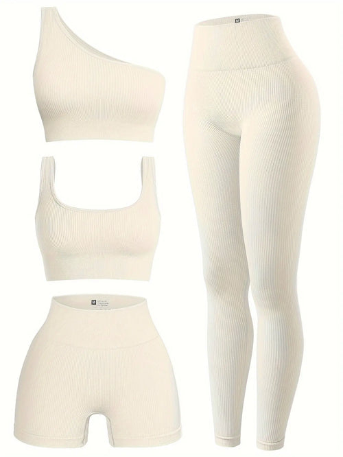 OQQ Women's 4pcs Ribbed Exercise Scoop Neck Sports One Shoulder High Waist Legging Active Set Bra Shorts Outfit, Beige, Large Nova Trendz