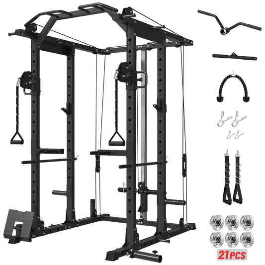 Mikolo Power Cage, Power Rack with Cable Crossover System, 1500LBS Squat Rack with LAT Pull Down System, Workout Cage with Pulley System for Fitness Home Gym