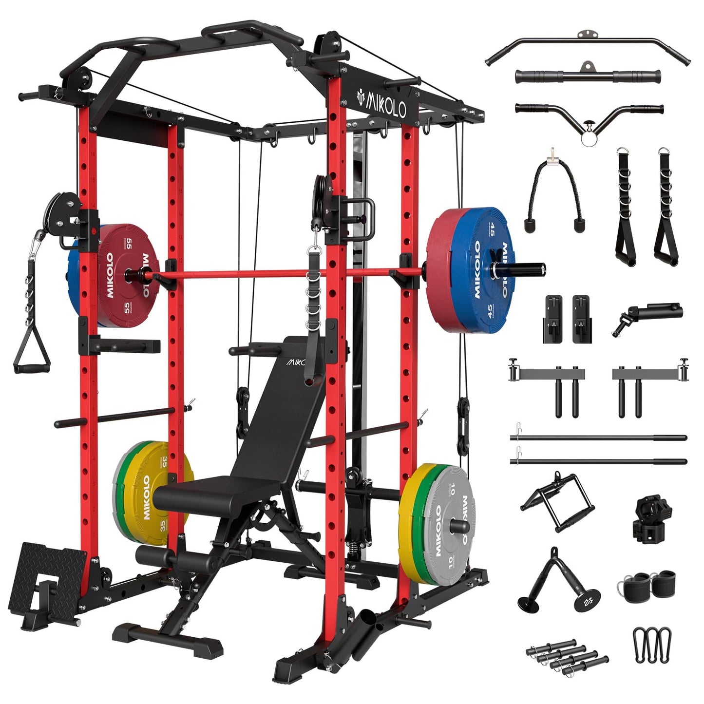 Mikolo Power Cage, Power Rack with Cable Crossover System, 1500LBS Squat Rack with LAT Pull Down System, Workout Cage with Pulley System for Fitness Home Gym