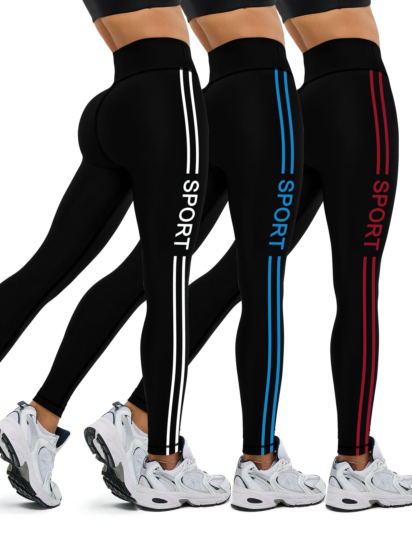 [Popular Choice] 3pcs Side Stripe Letter Print Running Training Fitness Yoga Black Tights, Outdoor Sports Exercise Elastic Abdominal High Waist Fashion Leggings, Women's Sportswear Tights