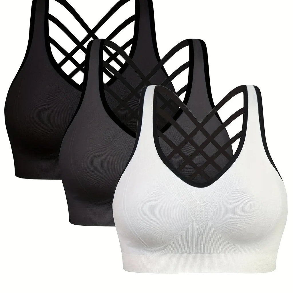 3pcs Women'S Sports Bra Set - Short, Removable Padding, Light Support, Cross Strap Design for Yoga & Exercise, Pink, White, and Blue Options, Yoga Apparel | Stylish Sports Bra | Comfortable Fit, Sports Bra Set Nova Trendz