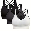 3pcs Women'S Sports Bra Set - Short, Removable Padding, Light Support, Cross Strap Design for Yoga & Exercise, Pink, White, and Blue Options, Yoga Apparel | Stylish Sports Bra | Comfortable Fit, Sports Bra Set Nova Trendz