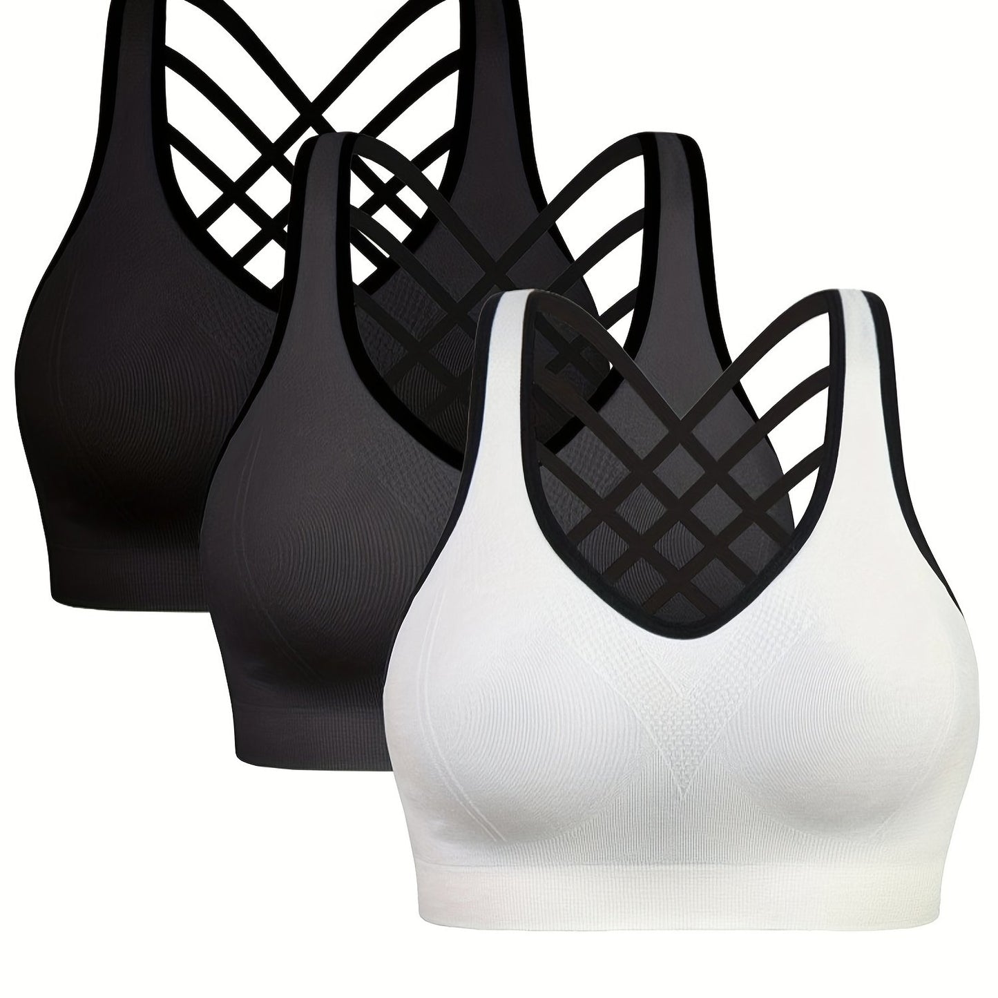 3pcs Women'S Sports Bra Set - Short, Removable Padding, Light Support, Cross Strap Design for Yoga & Exercise, Pink, White, and Blue Options, Yoga Apparel | Stylish Sports Bra | Comfortable Fit, Sports Bra Set