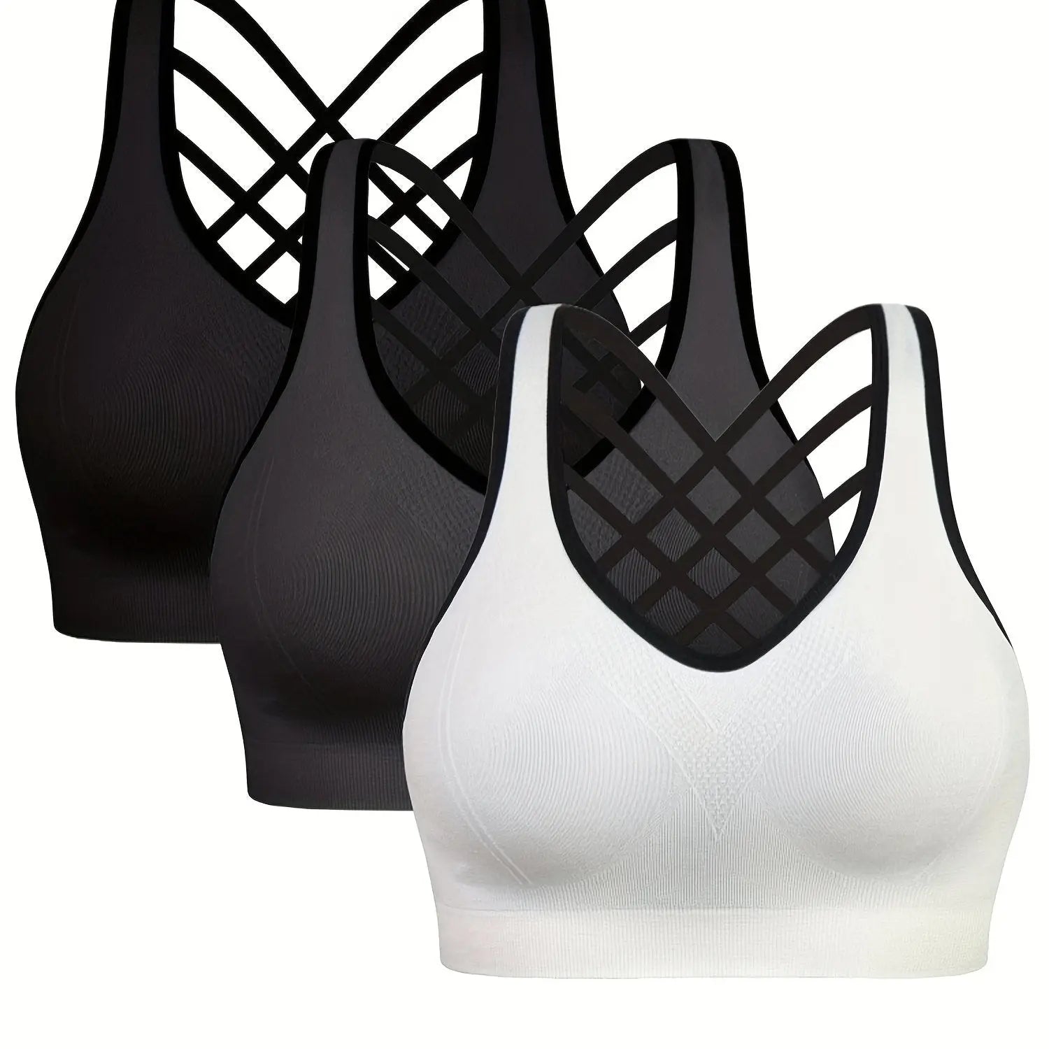 3pcs Women'S Sports Bra Set - Short, Removable Padding, Light Support, Cross Strap Design for Yoga & Exercise, Pink, White, and Blue Options, Yoga Apparel | Stylish Sports Bra | Comfortable Fit, Sports Bra Set Nova Trendz