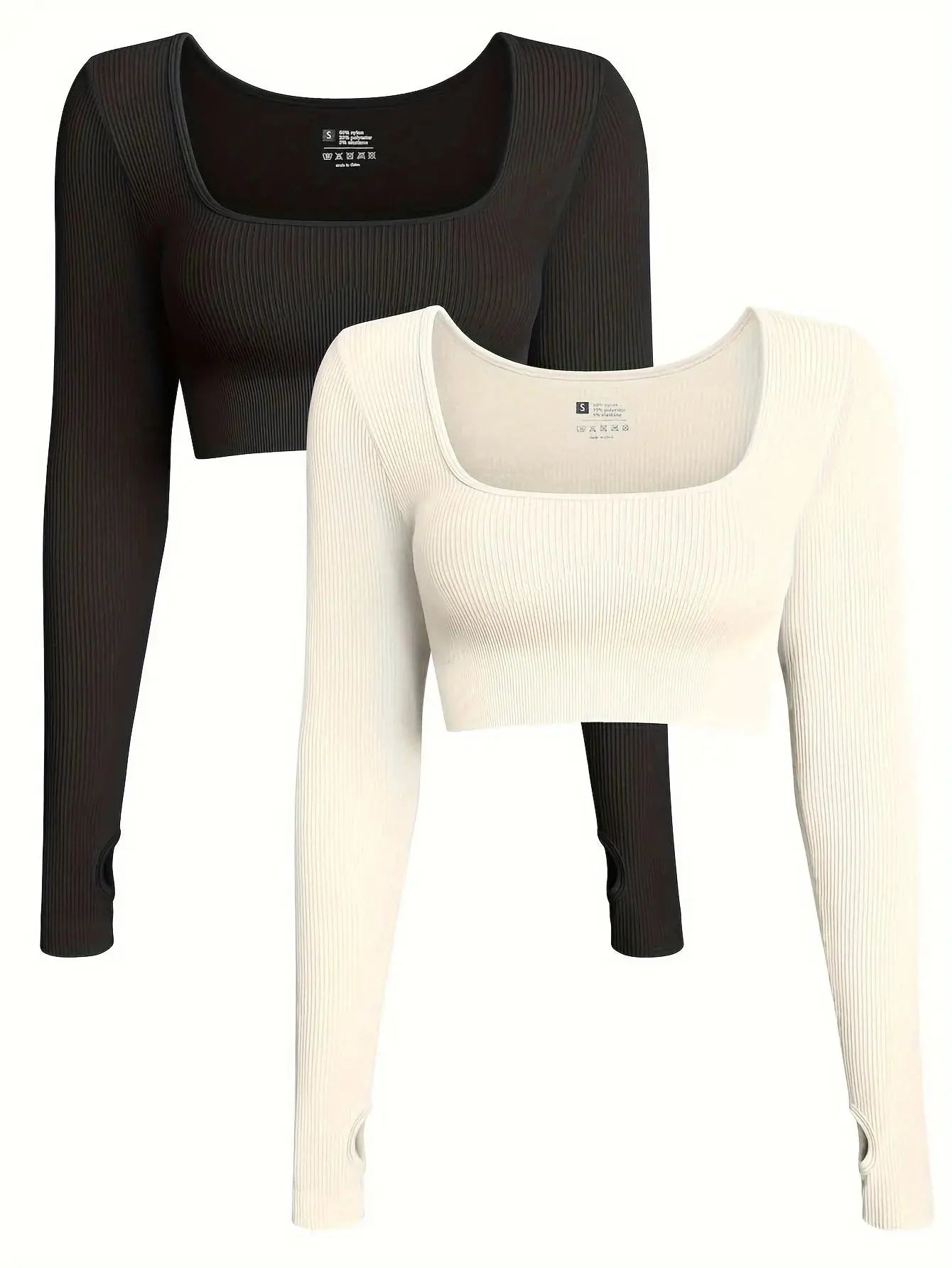 OQQ Women's 2 Piece Crop Top Ribbed Seamless Workout Exercise Long Sleeve Crop Tops Nova Trendz