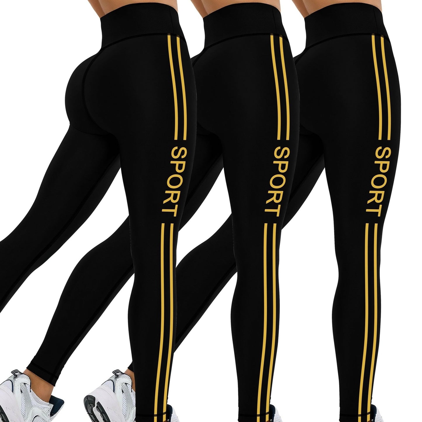 [Popular Choice] 3pcs Side Stripe Letter Print Running Training Fitness Yoga Black Tights, Outdoor Sports Exercise Elastic Abdominal High Waist Fashion Leggings, Women's Sportswear Tights
