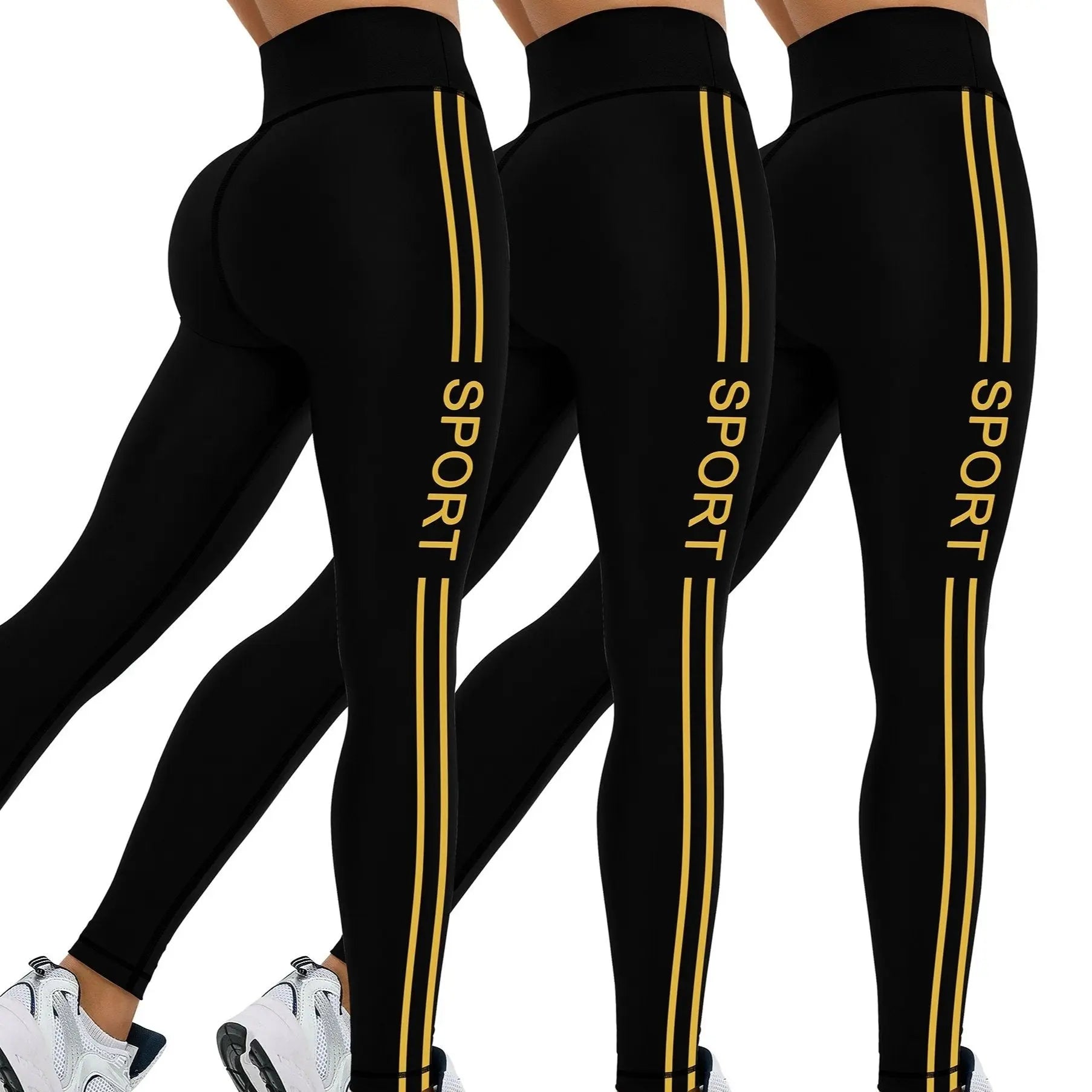 [Popular Choice] 3pcs Side Stripe Letter Print Running Training Fitness Yoga Black Tights, Outdoor Sports Exercise Elastic Abdominal High Waist Fashion Leggings, Women's Sportswear Tights Nova Trendz