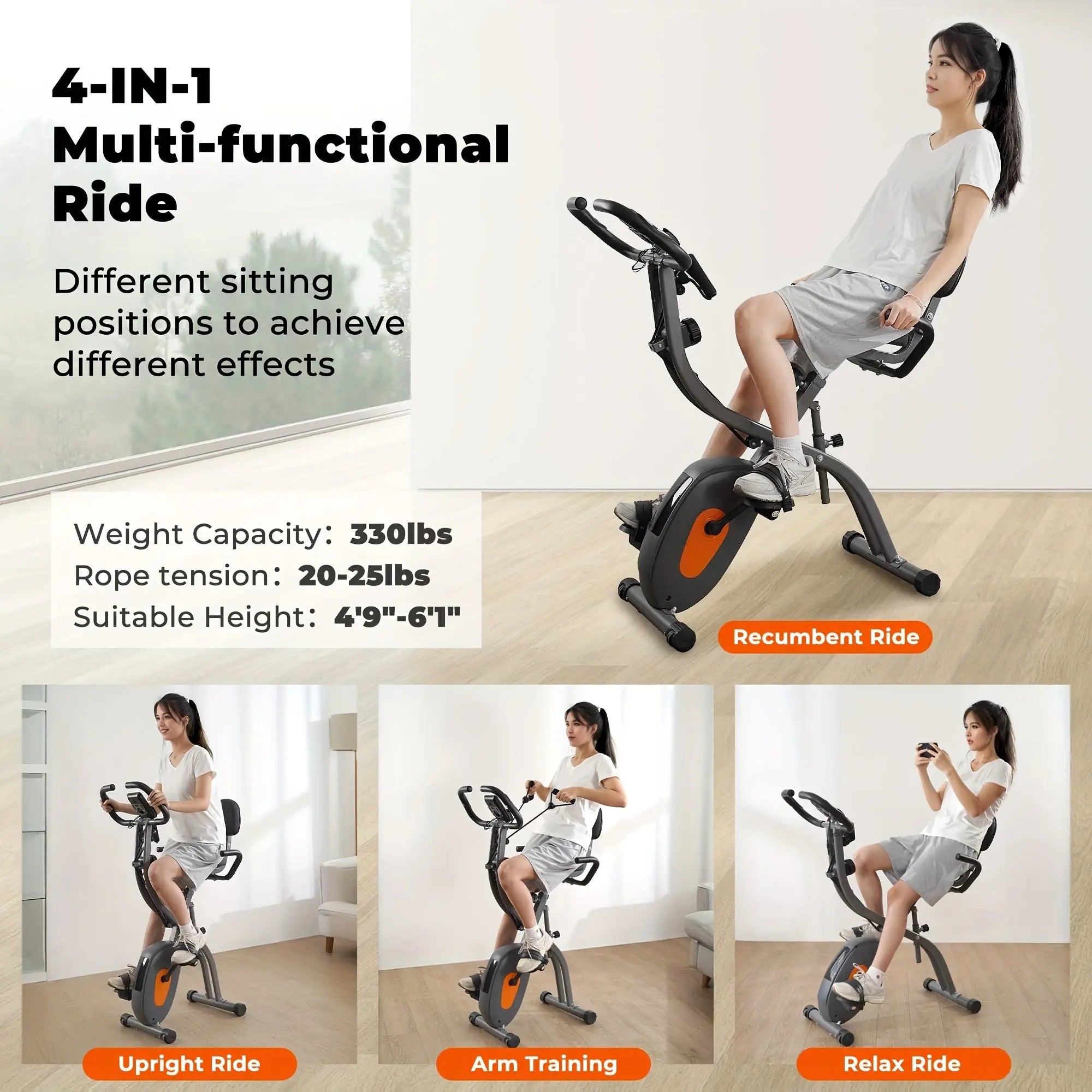 Folding Exercise Bike, Stationary Exercise Bike With Support Back Pad And Phone/Tablet Holder, Arm Resistance Band Pulse Sensor, LCD Monitor For Home Workout Nova Trendz