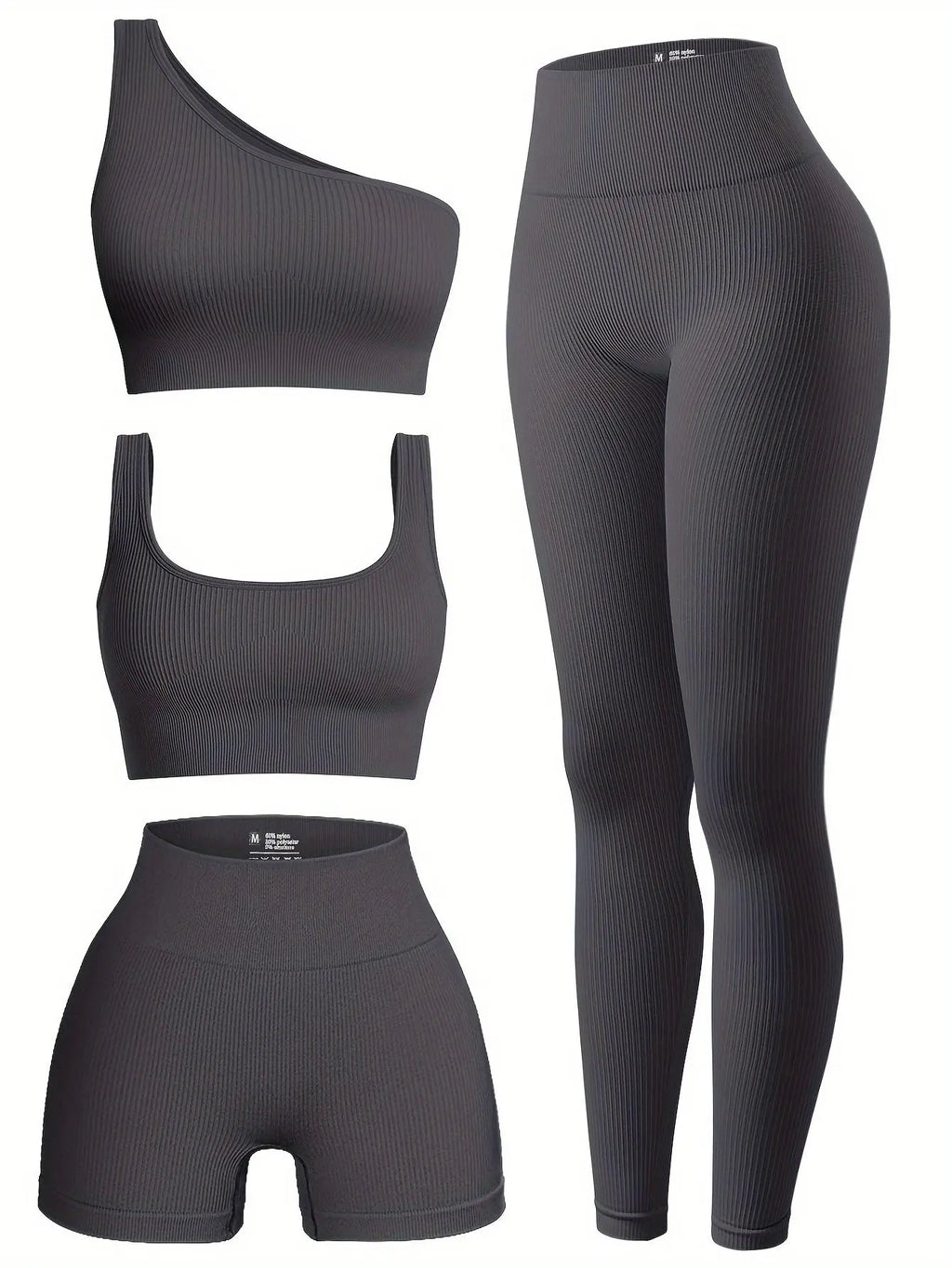 OQQ Women's 4pcs Ribbed Exercise Scoop Neck Sports One Shoulder High Waist Legging Active Set Bra Shorts Outfit, Beige, Large Nova Trendz