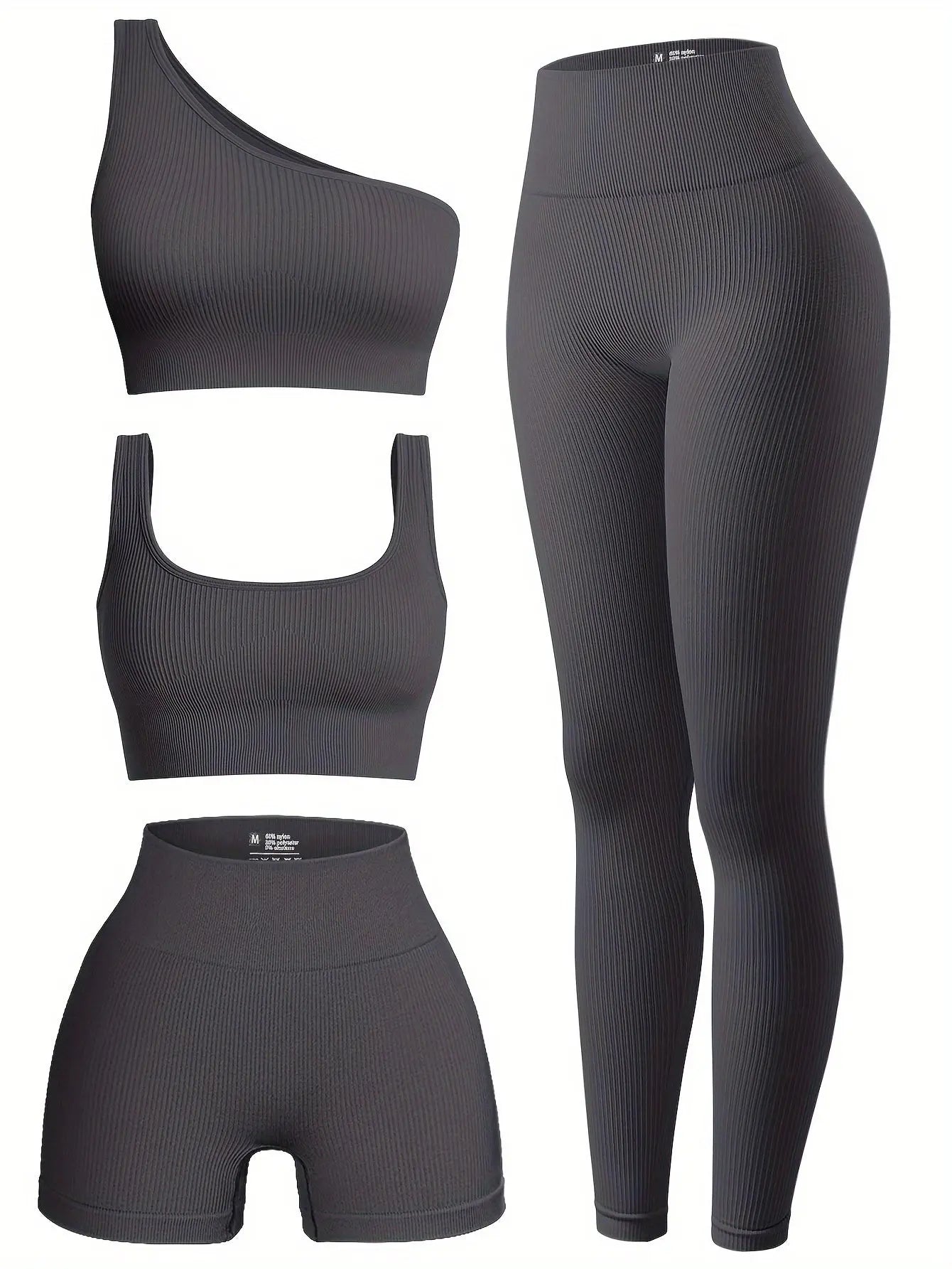 OQQ Women's 4pcs Ribbed Exercise Scoop Neck Sports One Shoulder High Waist Legging Active Set Bra Shorts Outfit, Beige, Large Nova Trendz