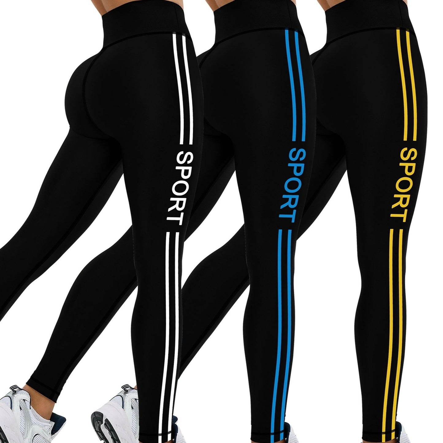 [Popular Choice] 3pcs Side Stripe Letter Print Running Training Fitness Yoga Black Tights, Outdoor Sports Exercise Elastic Abdominal High Waist Fashion Leggings, Women's Sportswear Tights