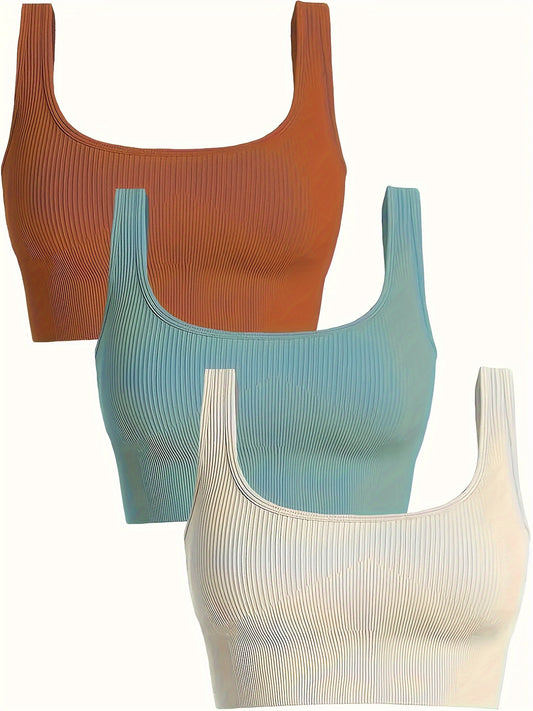 Women's 3 Piece Tank Tops Ribbed Seamless Solid Color Comfy Workout Exercise Everyday Bra Set
