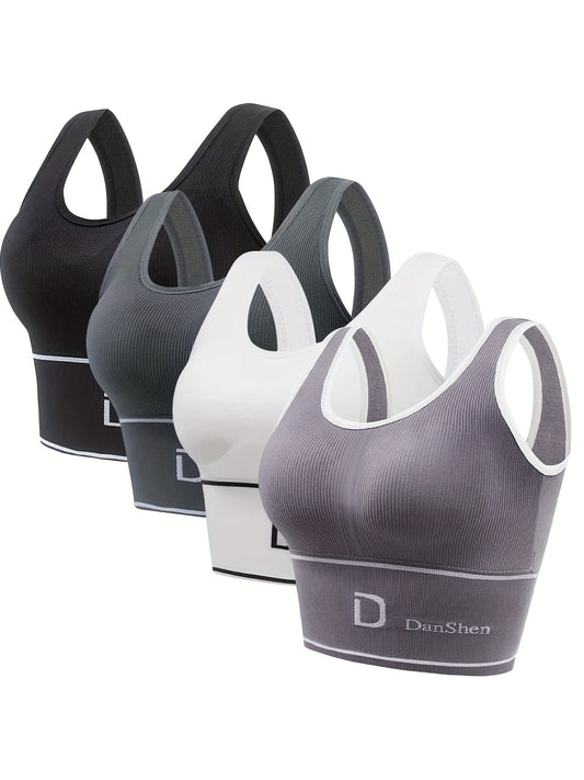 4 Pcs Stretch Exercise Fitness No Steel Ring Bra, Running Casual Gym Yoga Full Coverage Bra