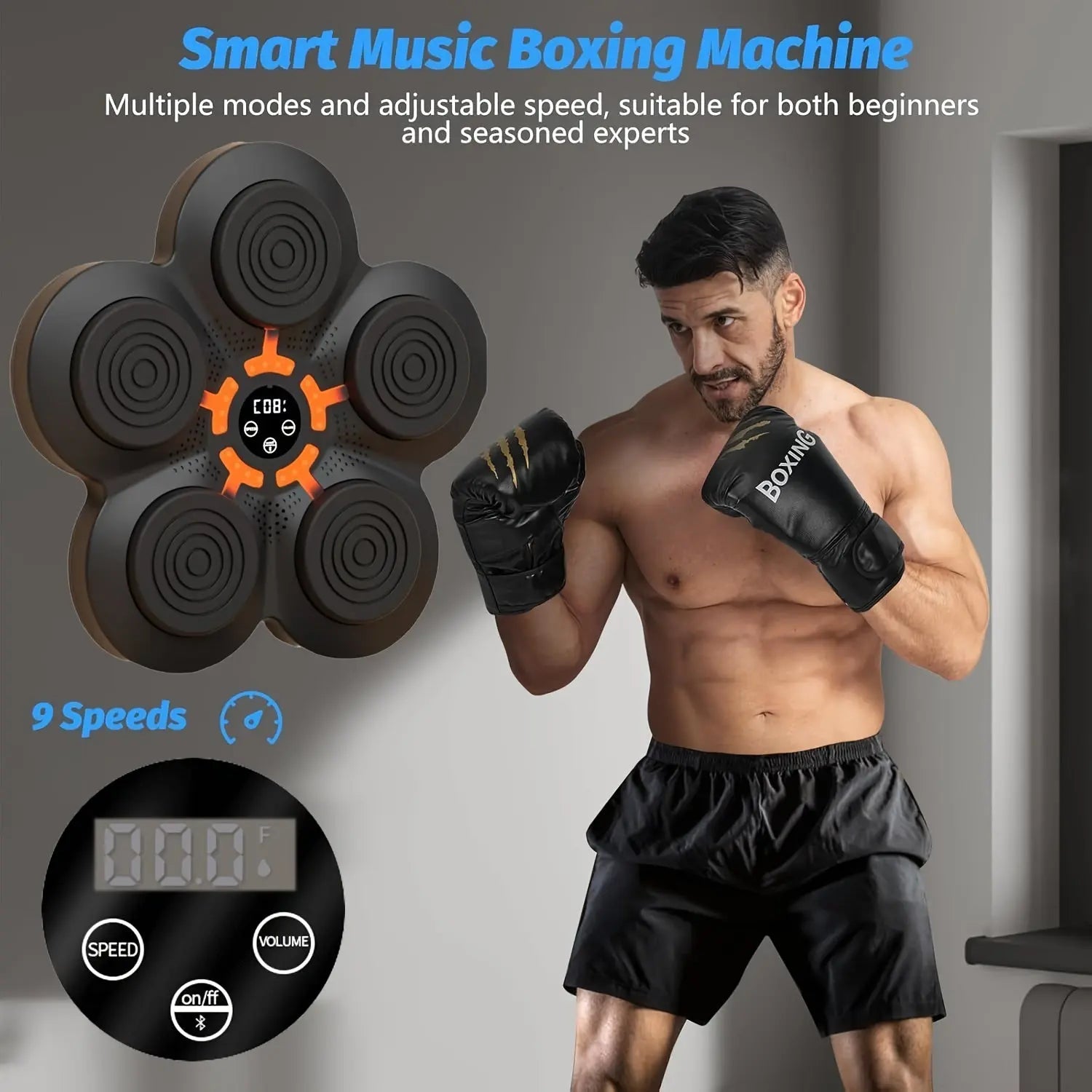 Smart Music Boxing Trainer with Gloves - Wall Mounted Punching Pad Bag, USB Rechargeable, Wireless Enabled, Fun Boxing Game for Youngsters & Adults, Black, Includes Red Gloves, Perfect for Home Workouts & Relax, Home Workout Nova Trendz