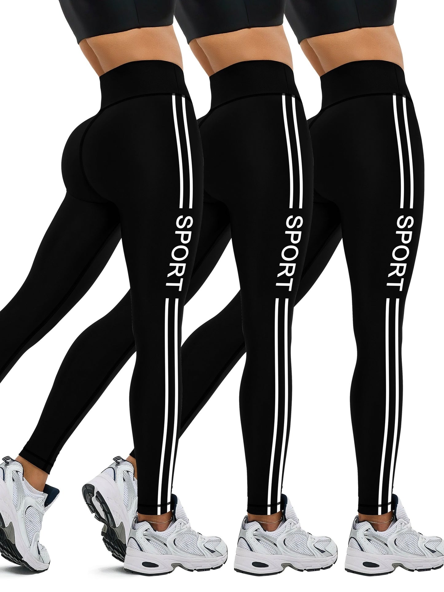 [Popular Choice] 3pcs Side Stripe Letter Print Running Training Fitness Yoga Black Tights, Outdoor Sports Exercise Elastic Abdominal High Waist Fashion Leggings, Women's Sportswear Tights