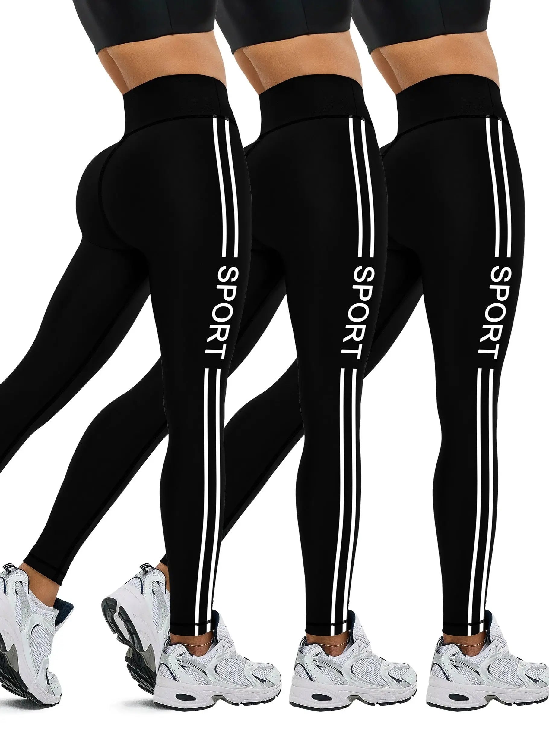 [Popular Choice] 3pcs Side Stripe Letter Print Running Training Fitness Yoga Black Tights, Outdoor Sports Exercise Elastic Abdominal High Waist Fashion Leggings, Women's Sportswear Tights Nova Trendz