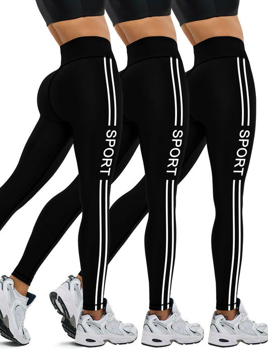 [Popular Choice] 3pcs Side Stripe Letter Print Running Training Fitness Yoga Black Tights, Outdoor Sports Exercise Elastic Abdominal High Waist Fashion Leggings, Women's Sportswear Tights