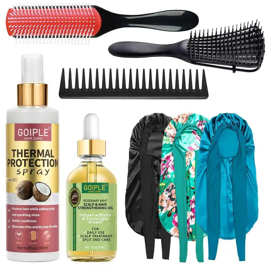 Heat Protection Spray Thermal Protector Serum Hair Growth Essential Oil Sleep Bonnet with Brush Moisturize Care Conditioner Set