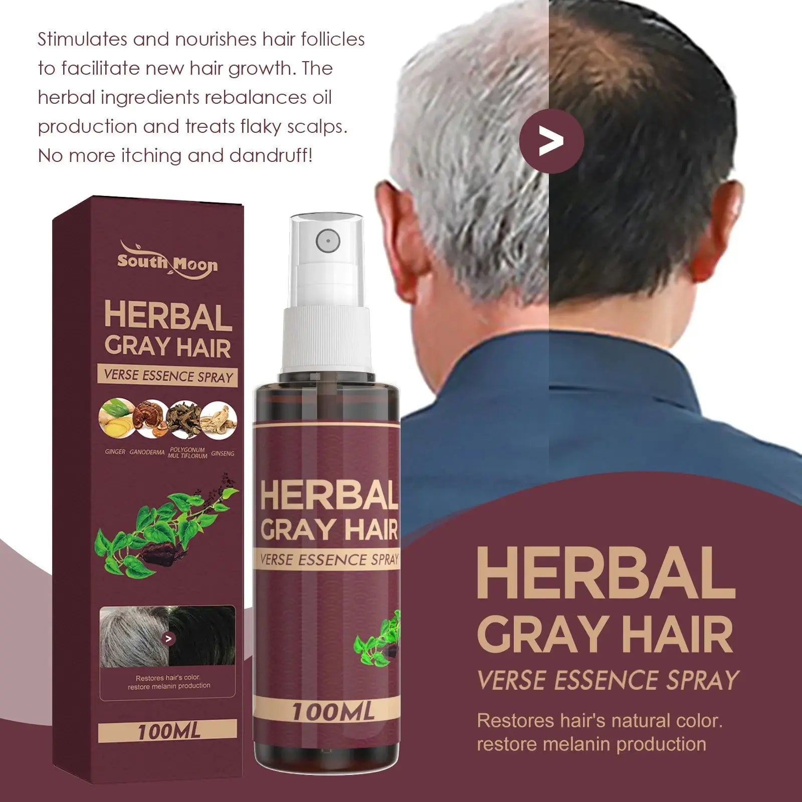 Southmoon 100ml Hair Darkening Herbal Spray White To Black Natural Color Repair Anti Grey Reduce Hair Loss Herbal Haircare Serum Nova Trendz
