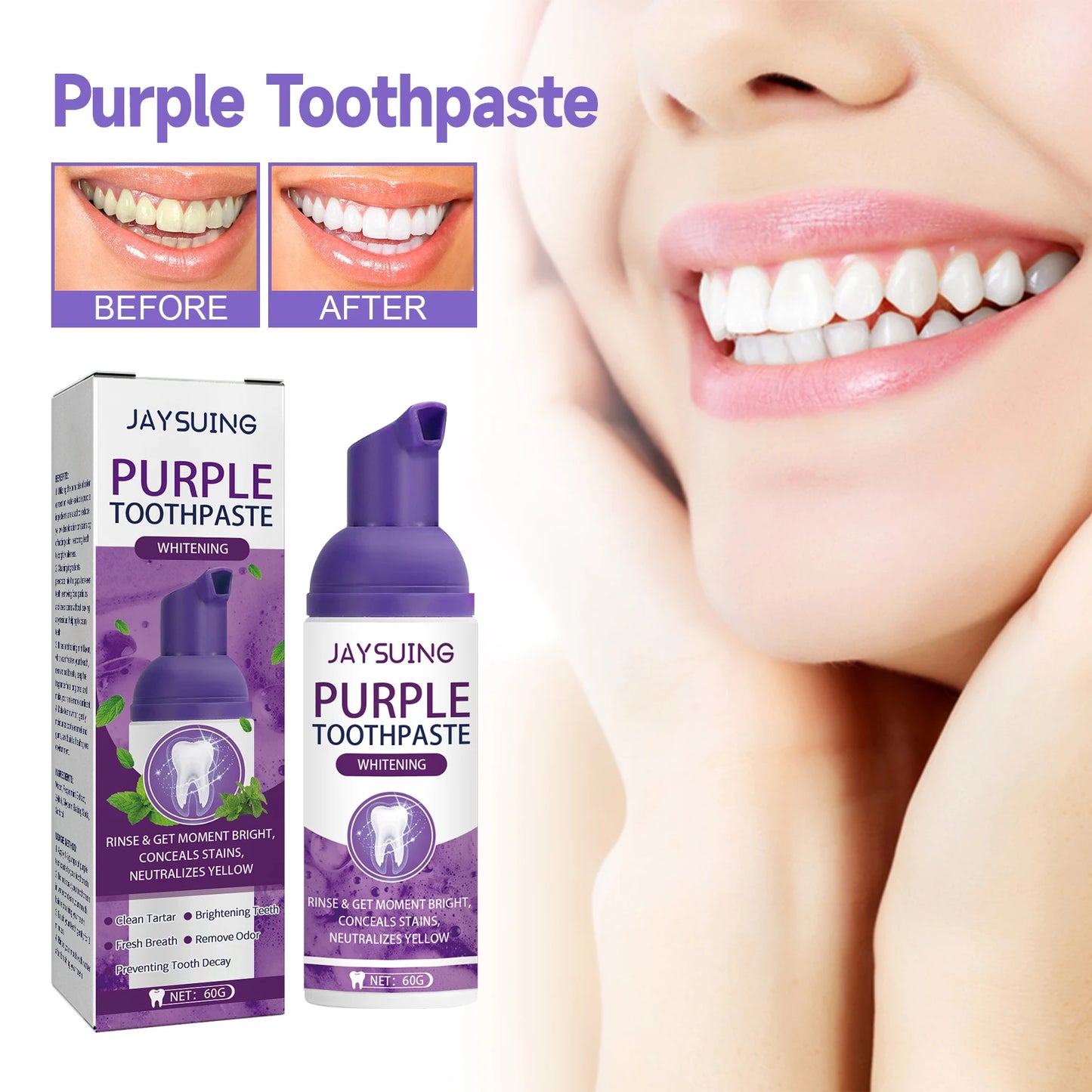 Jaysuing Gums Care Mint Teeth Whitening Mousse Yellow Cleaning Tooth Stains Desalinating Oral Odor Remove Purple Toothpaste 60ml