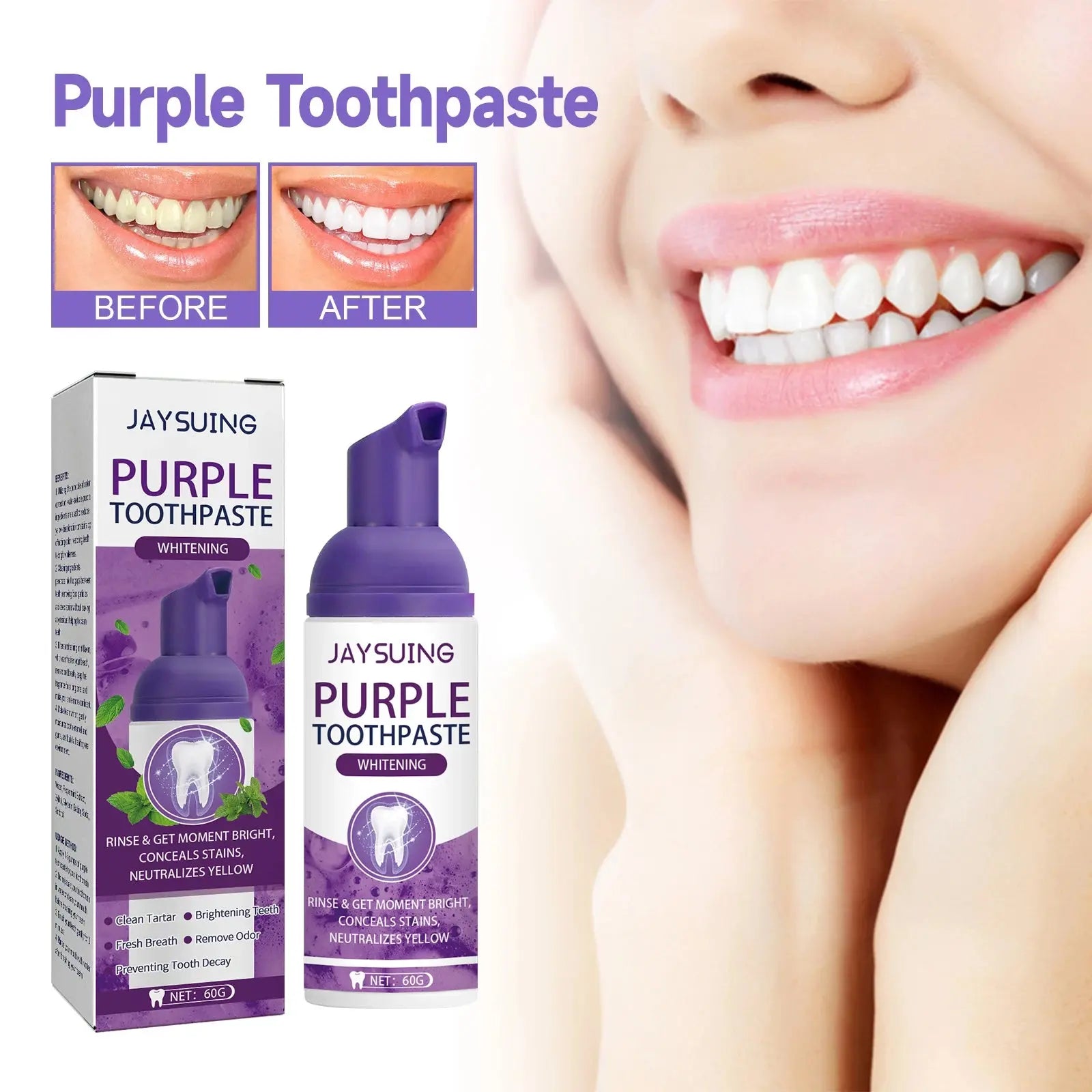 Jaysuing Gums Care Mint Teeth Whitening Mousse Yellow Cleaning Tooth Stains Desalinating Oral Odor Remove Purple Toothpaste 60ml Nova Trendz