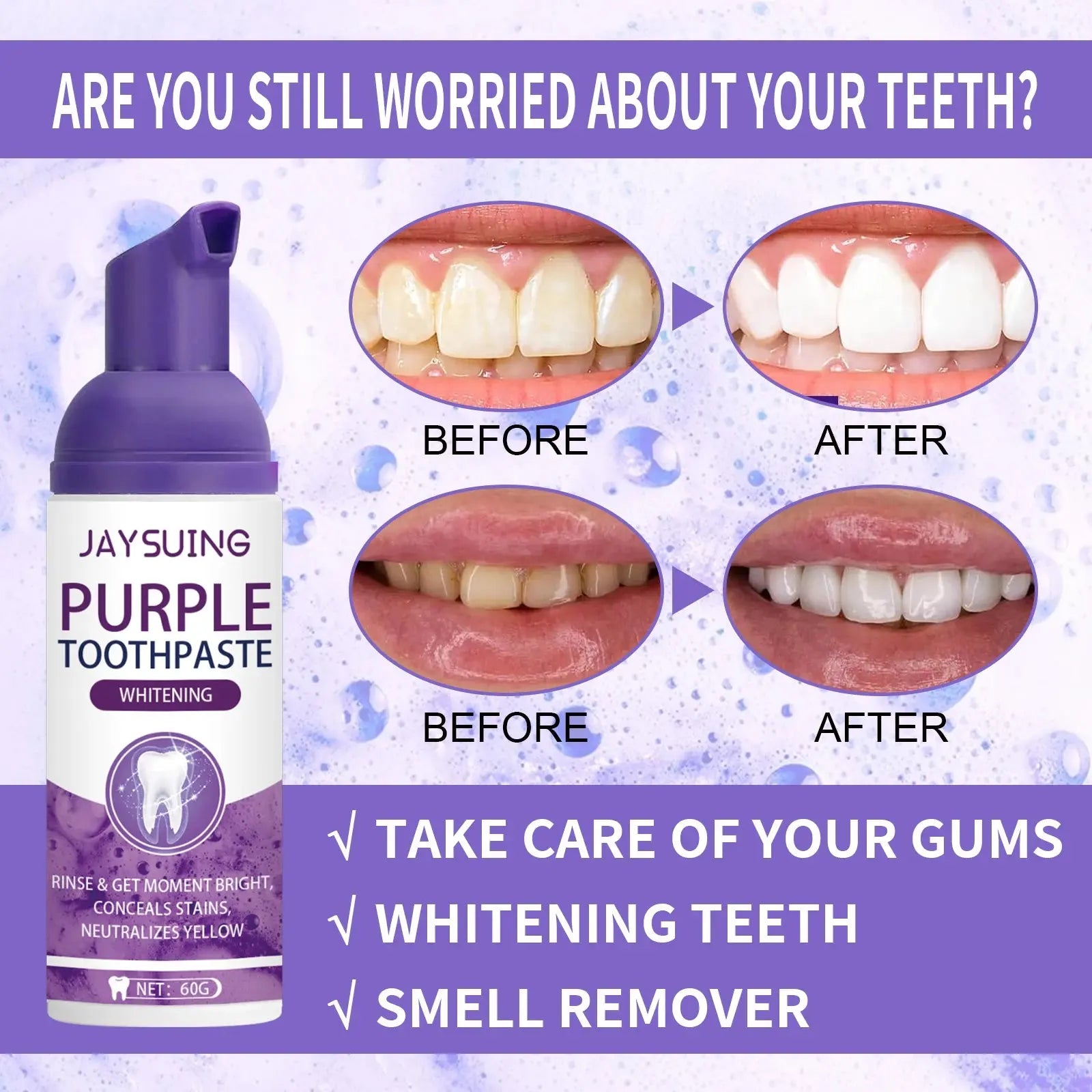 Jaysuing Gums Care Mint Teeth Whitening Mousse Yellow Cleaning Tooth Stains Desalinating Oral Odor Remove Purple Toothpaste 60ml Nova Trendz