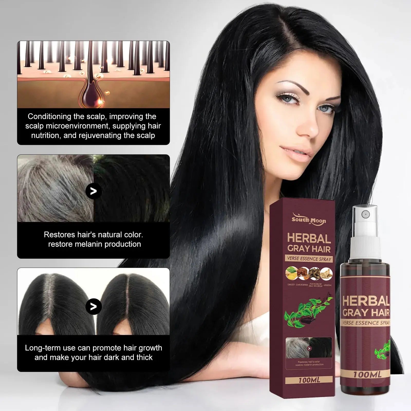 Southmoon 100ml Hair Darkening Herbal Spray White To Black Natural Color Repair Anti Grey Reduce Hair Loss Herbal Haircare Serum Nova Trendz
