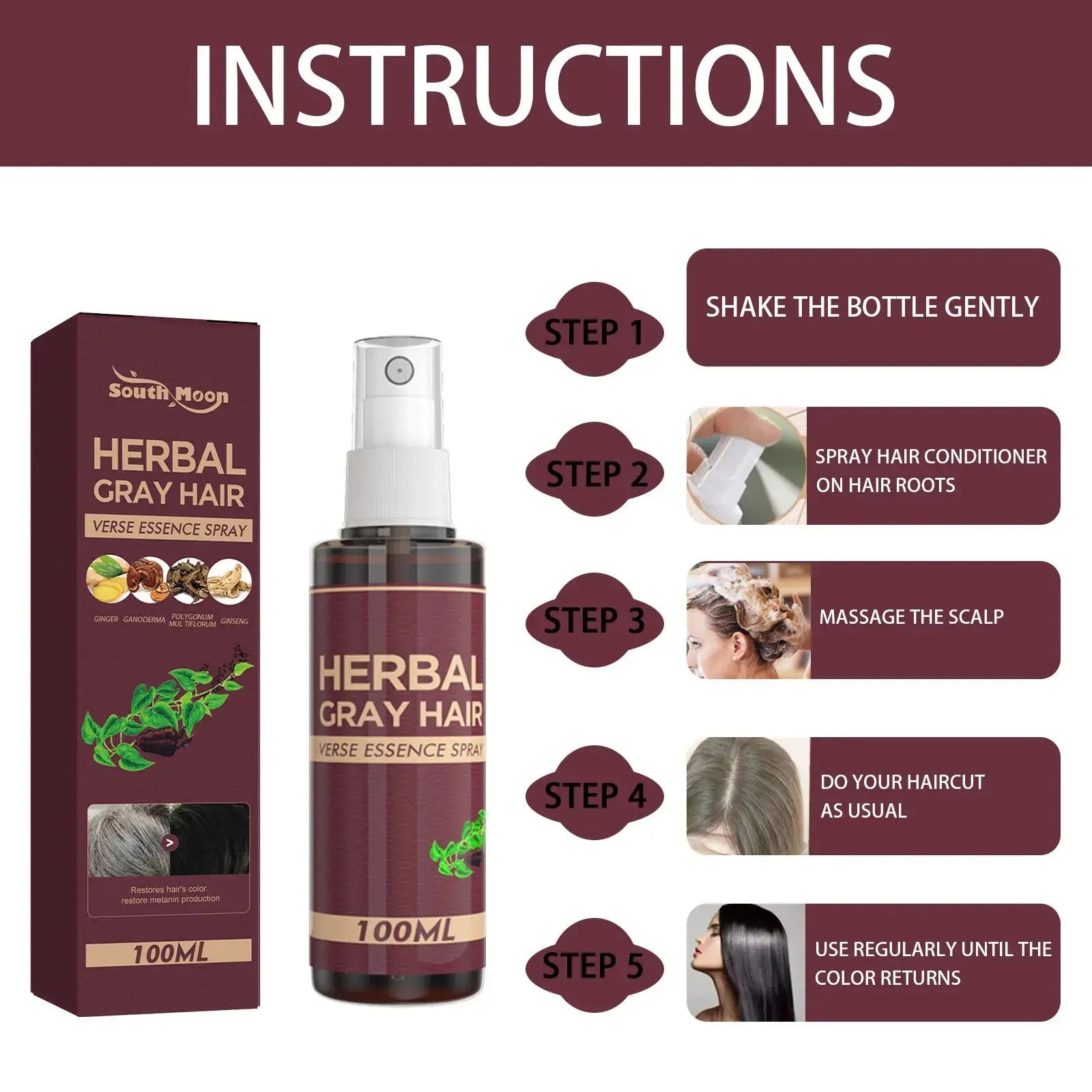 Southmoon 100ml Hair Darkening Herbal Spray White To Black Natural Color Repair Anti Grey Reduce Hair Loss Herbal Haircare Serum Nova Trendz