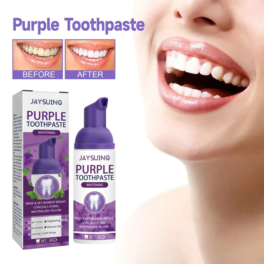 Jaysuing Gums Care Mint Teeth Whitening Mousse Yellow Cleaning Tooth Stains Desalinating Oral Odor Remove Purple Toothpaste 60ml Nova Trendz