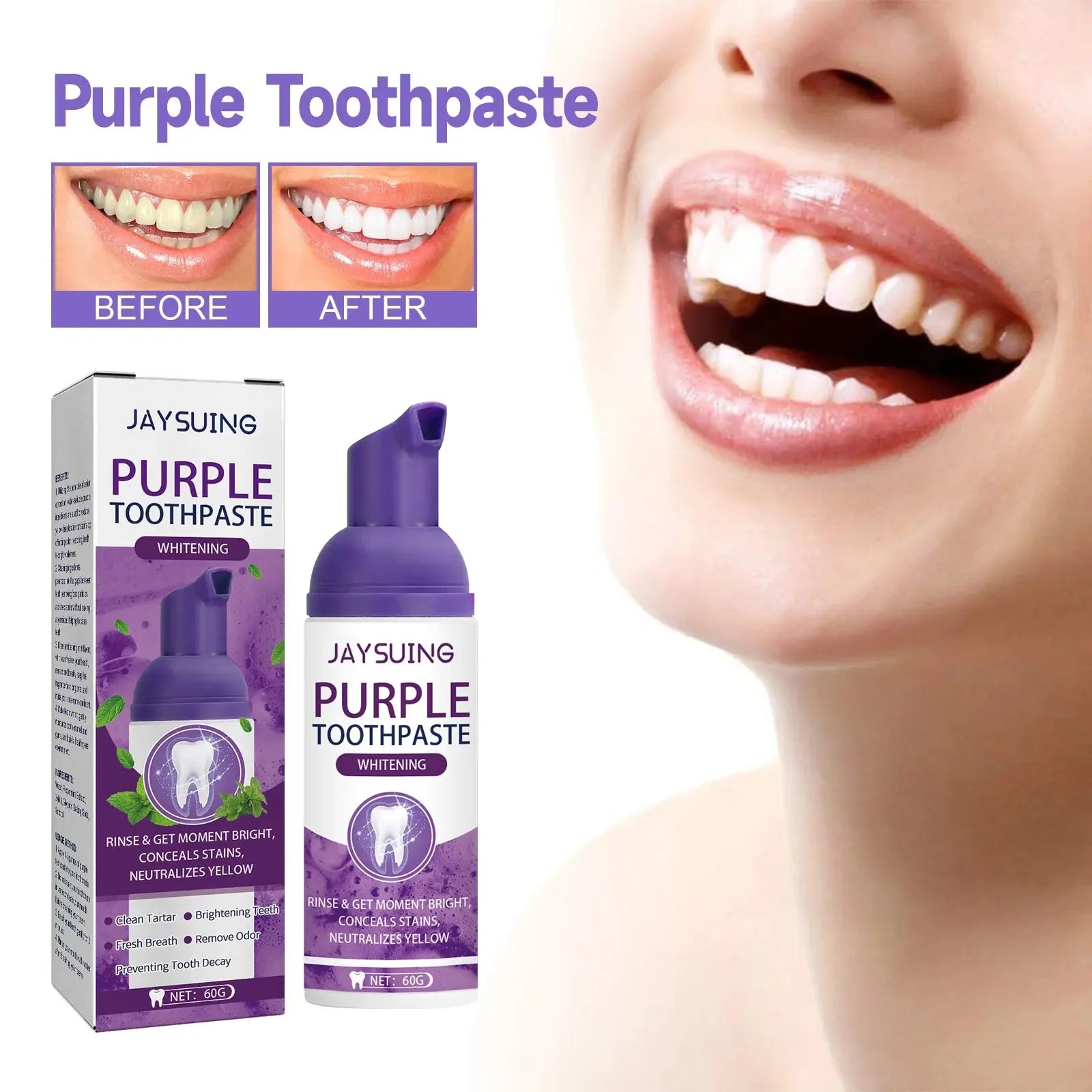 Jaysuing Gums Care Mint Teeth Whitening Mousse Yellow Cleaning Tooth Stains Desalinating Oral Odor Remove Purple Toothpaste 60ml Nova Trendz