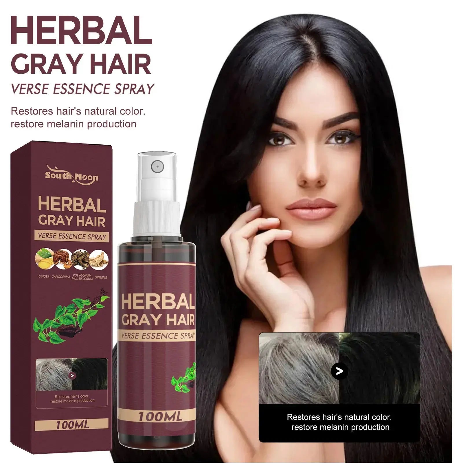 Southmoon 100ml Hair Darkening Herbal Spray White To Black Natural Color Repair Anti Grey Reduce Hair Loss Herbal Haircare Serum Nova Trendz