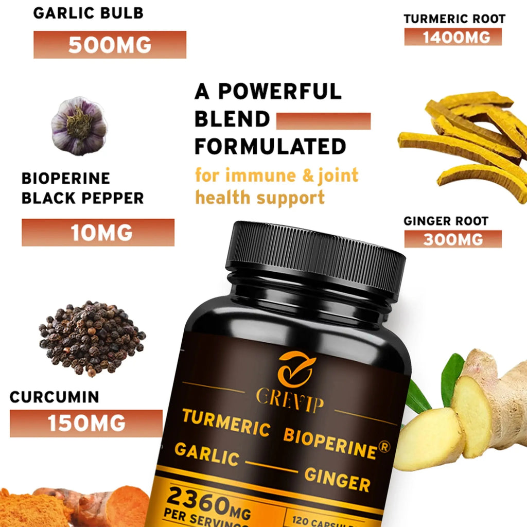 4-in-1 Turmeric Ginger Supplement - with Garlic Curcumin Black Pepper - Joints,Immune Support,Improves Digestion - 120 Capsules Nova Trendz