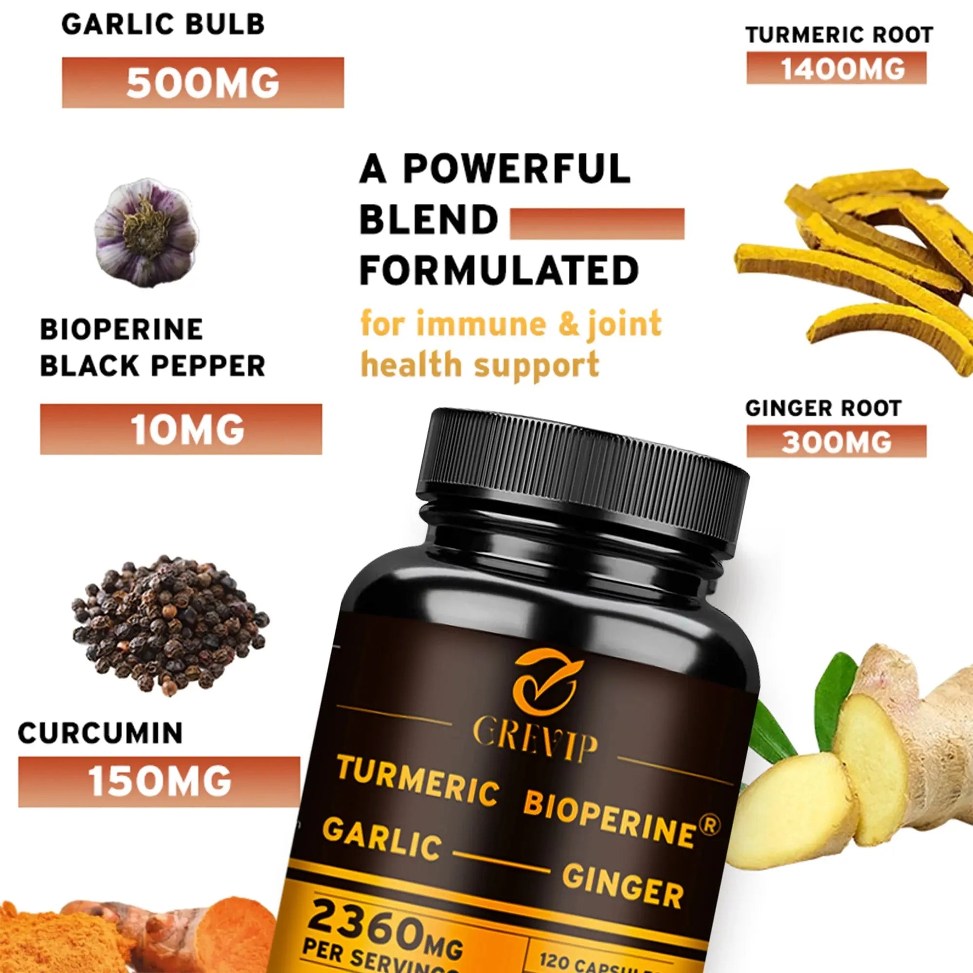 4-in-1 Turmeric Ginger Supplement - with Garlic Curcumin Black Pepper - Joints,Immune Support,Improves Digestion - 120 Capsules Nova Trendz
