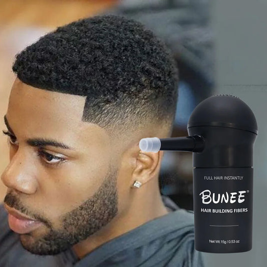 "BUNEE Hair Fiber Set 15g: Men's natural hair-dense fibers for balding areas, fills part lines, includes 15g fiber powder