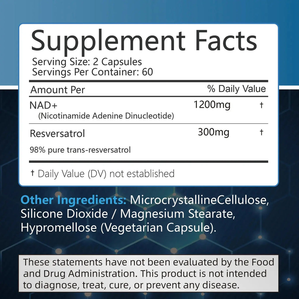 NAD+Supplements - with Resveratrol - Natural Energy Supplement, Support Cell Health, Anti-aging, Enhance Immunity - 120 Capsules Nova Trendz