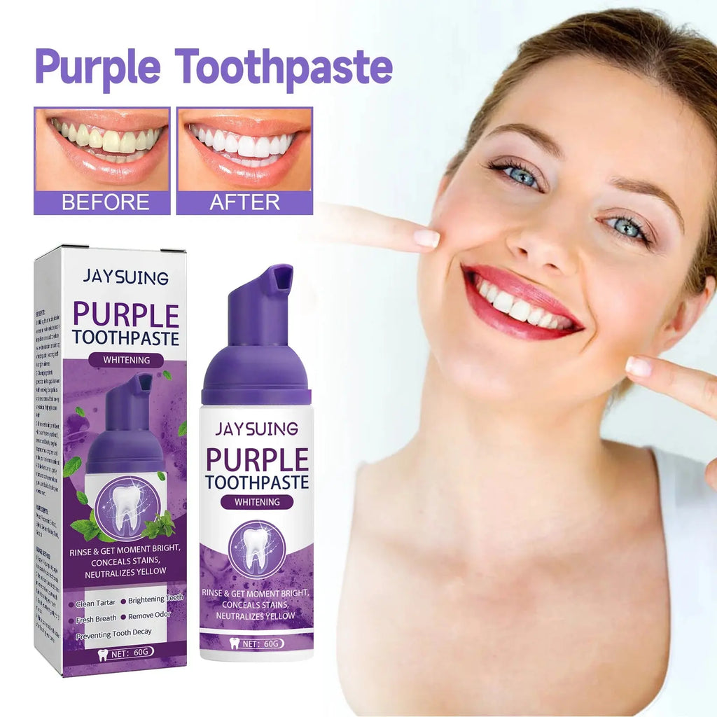 Jaysuing Gums Care Mint Teeth Whitening Mousse Yellow Cleaning Tooth Stains Desalinating Oral Odor Remove Purple Toothpaste 60ml Nova Trendz