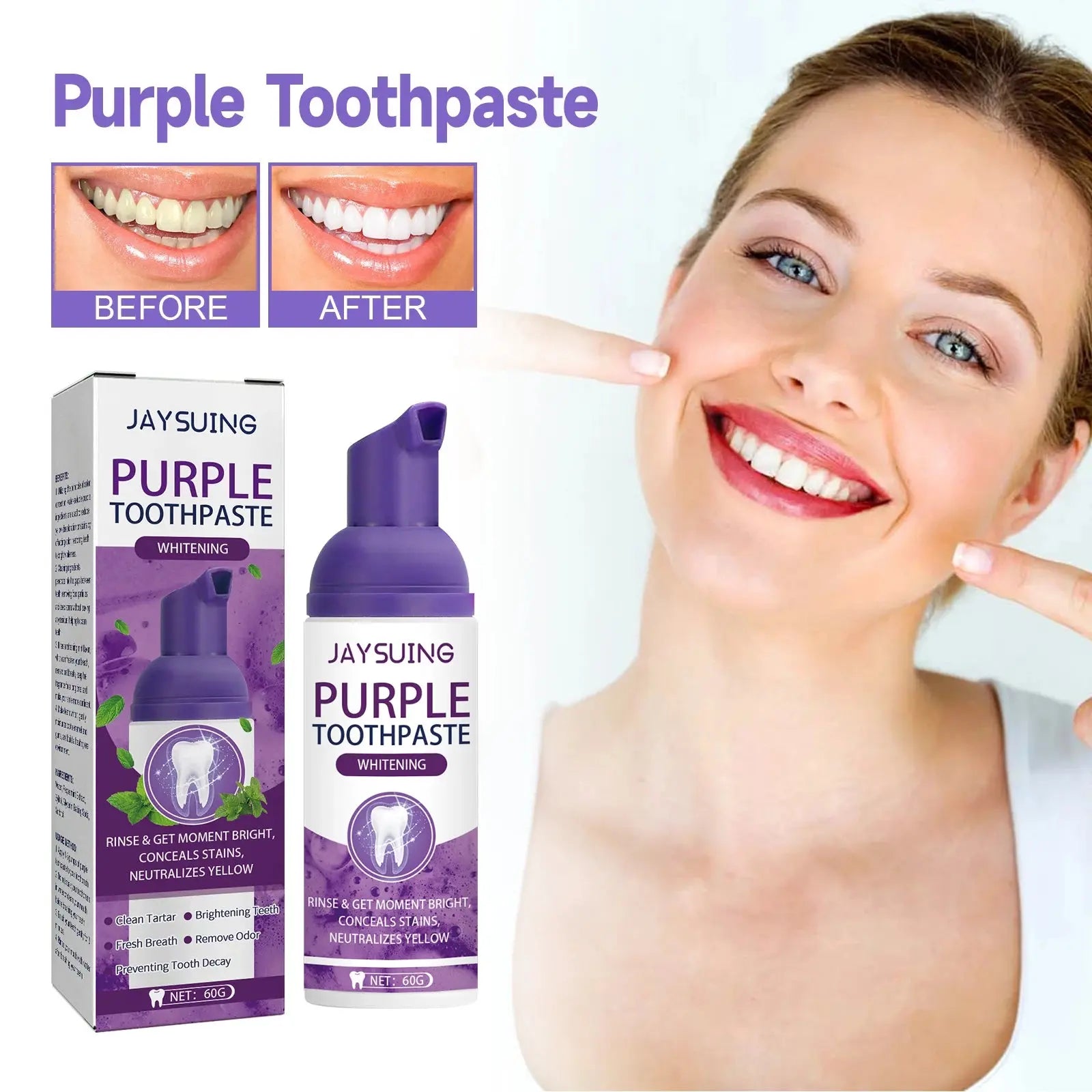 Jaysuing Gums Care Mint Teeth Whitening Mousse Yellow Cleaning Tooth Stains Desalinating Oral Odor Remove Purple Toothpaste 60ml Nova Trendz