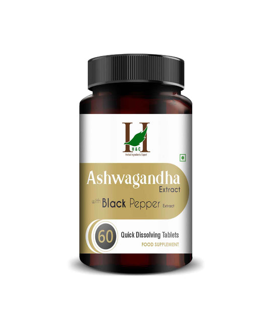 H&C Ashwagandha Extract with Black Pepper Quick Dissolving Tablets for Stress Relief, Energy & Wellness
