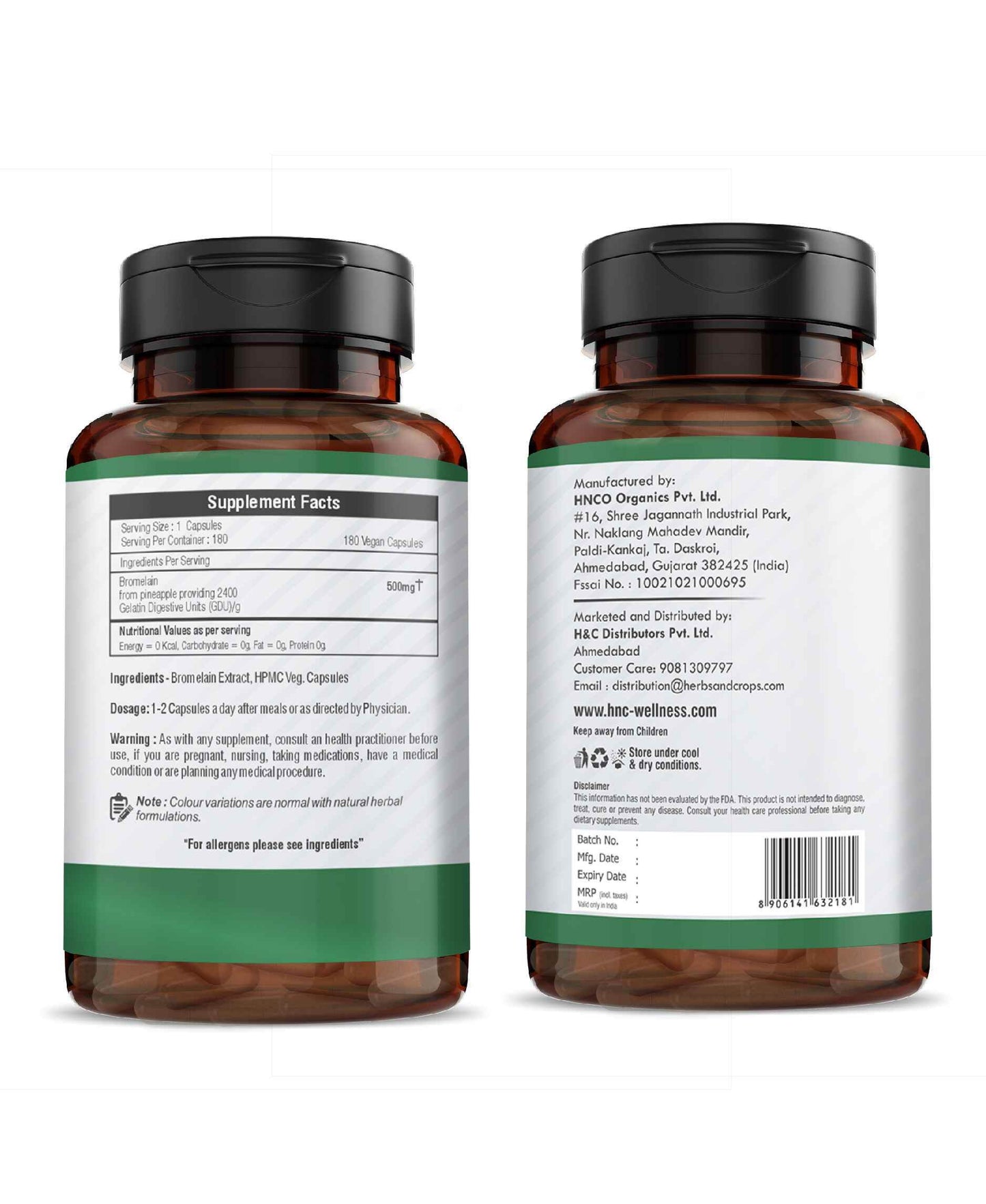 H&C Bromelain Veg Capsules 500 mg (2400 GDU) from Pineapple Extract | Digestive & Anti-Inflammatory Benefits