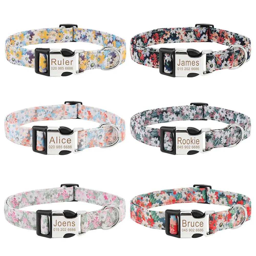 Customized Pet Collar Vintage Flower Engraved Tag ID Name Puppy Collars for Small Medium Large Dogs Nova Trendz