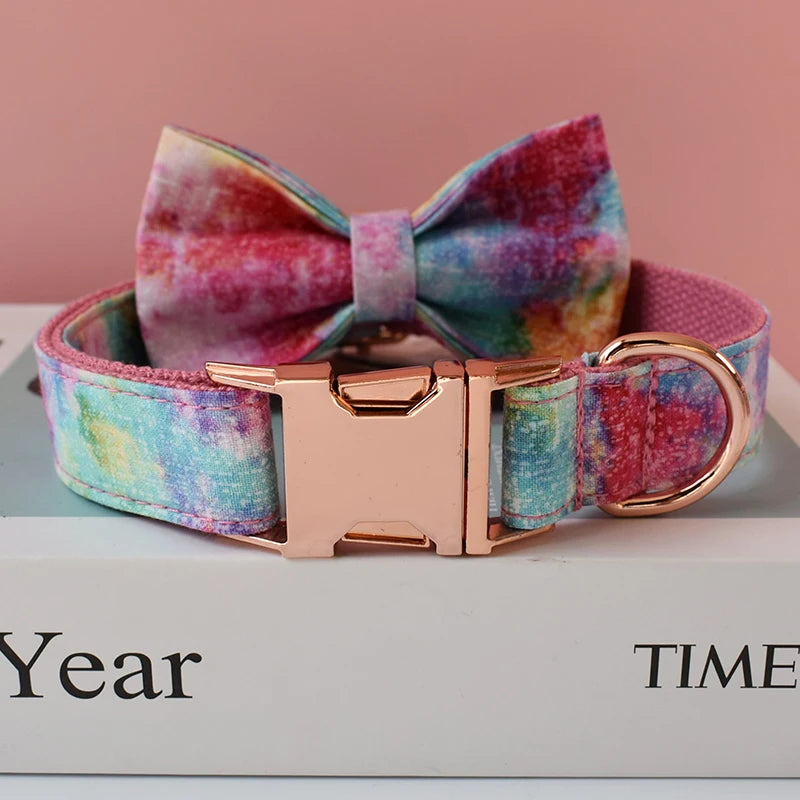 Pet Dog Cat Rainbow printing Collar Leash Set With Bling Bow Pet Puppy Neck Strap For French Bulldog Dogs Powdery bottom 01