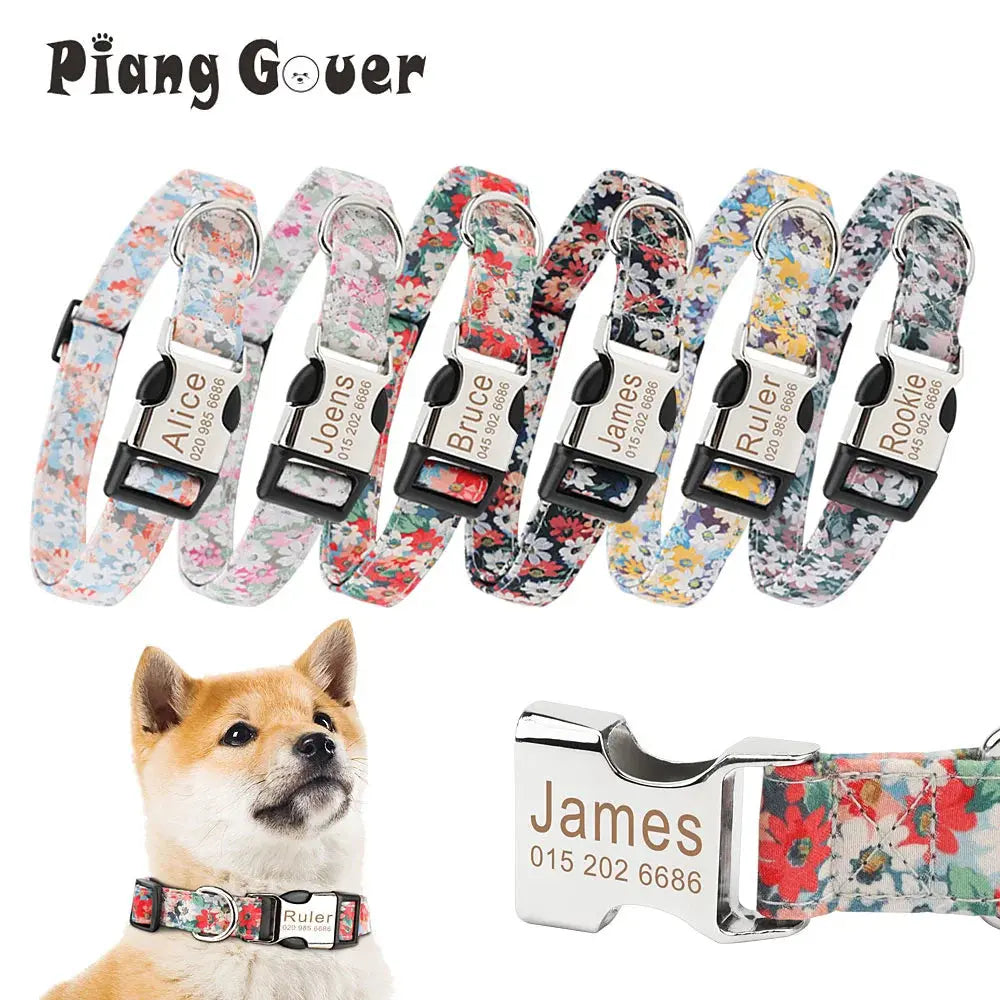 Customized Pet Collar Vintage Flower Engraved Tag ID Name Puppy Collars for Small Medium Large Dogs Nova Trendz