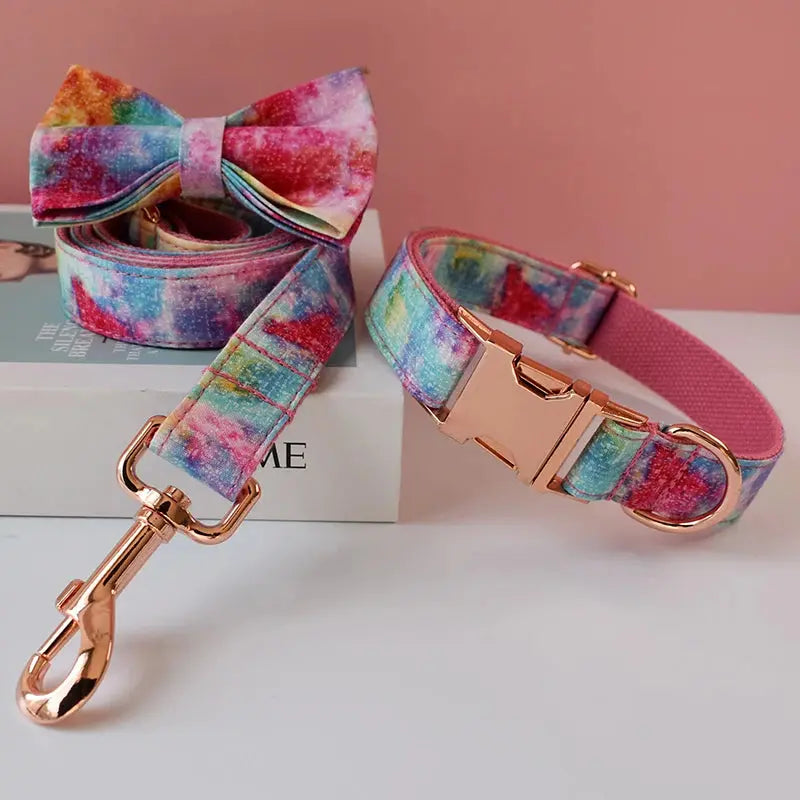 Pet Dog Cat Rainbow printing Collar Leash Set With Bling Bow Pet Puppy Neck Strap For French Bulldog Dogs Powdery bottom 01 - Nova Trendz