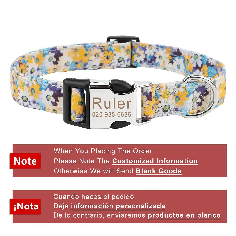 Customized Pet Collar Vintage Flower Engraved Tag ID Name Puppy Collars for Small Medium Large Dogs Nova Trendz