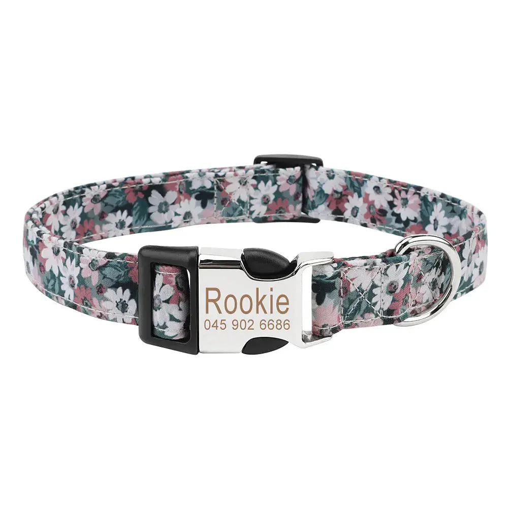 Customized Pet Collar Vintage Flower Engraved Tag ID Name Puppy Collars for Small Medium Large Dogs Nova Trendz