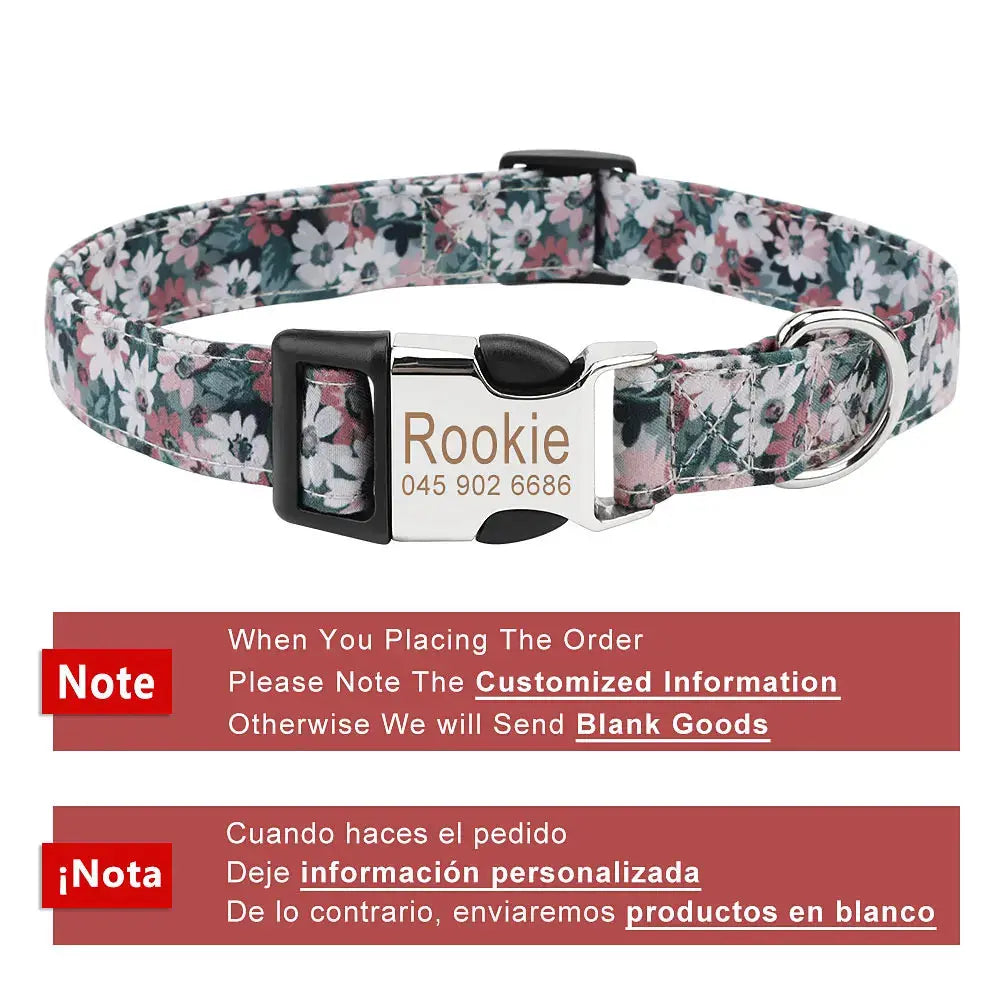 Customized Pet Collar Vintage Flower Engraved Tag ID Name Puppy Collars for Small Medium Large Dogs Nova Trendz