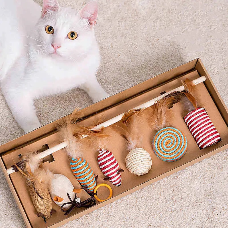 Wood Cat Toy Feather Set Interactive For Pets Fishing Rod Funny Pet Products Mouse Paw Games Cute Toys Linen Cats Stick Dropship Nova Trendz