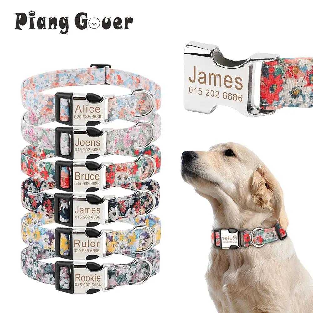 Customized Pet Collar Vintage Flower Engraved Tag ID Name Puppy Collars for Small Medium Large Dogs Nova Trendz