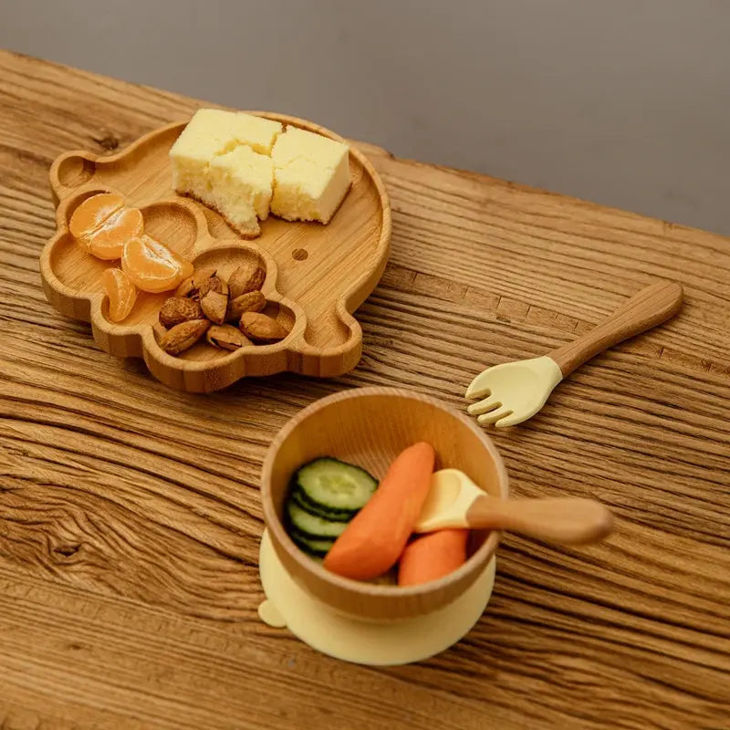 3Pcs Baby Bamboo Plate Silicone Suction Kids Wooden Feeding Tableware Non-slip Dinnerware Baby Tableware for Baby Birthday Gift Nova Trendz